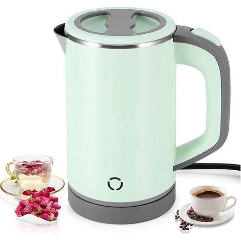 Bouilloire de voyage portable, 0,8 litre, 600 watts, ébullition rapide, isolation à double paroi, légère, acier inoxydable, couleur turquoise. (1/5)