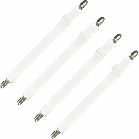Lot de 4 accessoires literie tendeur de drap réglable sangle élastique fixation, pour drap lit, canapé, housse de repassage - 30cm à 120cm, blanc (1/5)