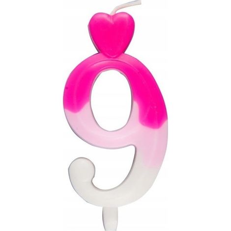 Candela a forma di cuore numero 9, rosa e bianca, 6,5 cm
