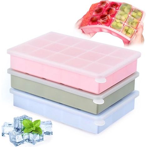 Set di cubetti di ghiaccio in silicone - Set da 3 pezzi con coperchio - 15 cubetti grandi per stampo - Senza BPA - Impilabili - Adatti per acqua, whisky, cocktail e frutta - Blu/Verde/Rosa
