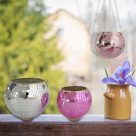 Panier suspendu boule disco miroir style bohème, pot de fleurs brillant d'intérieur, support mural moderne pour plantes, décoration (1/4)