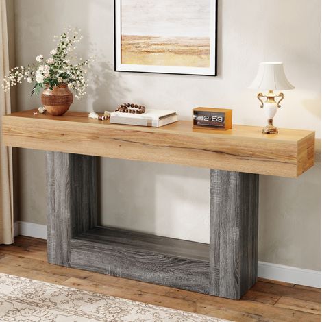 Console en bois imitation bicolore, 160 x 30 x 82,5 cm, avec étagère basse, chêne naturel (1/5)