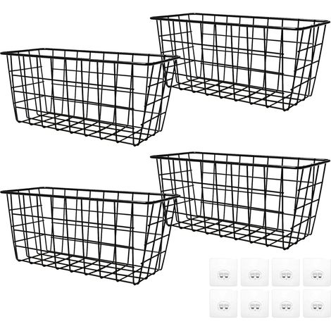 cestini in metallo nero con ganci, ideali per riporre oggetti in bagno, cucina e dispensa (28 x 12 x 12,5 cm). (1/5)