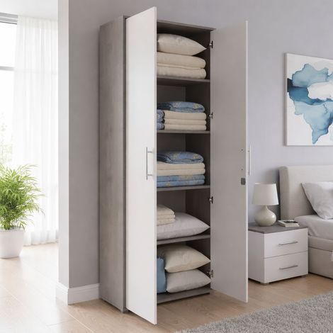 Dmora Libreria a 2 ante e 4 ripiani con serratura, scaffale per libri e documenti, Libreria portaoggetti da ufficio, cm 79x34h188, colore Bianco e Cemento, con imballo rinforzato (1/5)