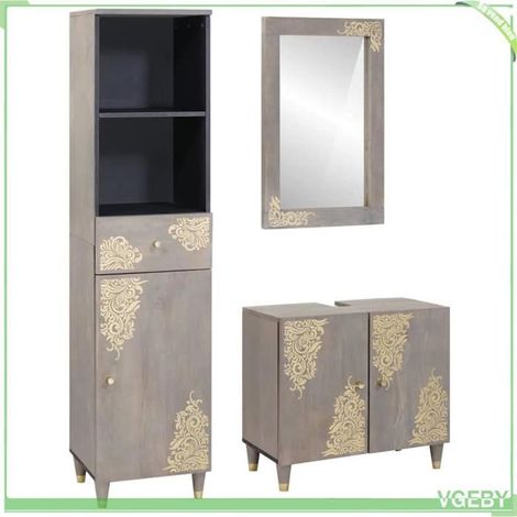 Ensemble de meubles de salle de bain - FAF7291712428890 - Bois de manguier massif - Gris - 3 pièces (sous-vasque, colonne, miroir) (1/5)