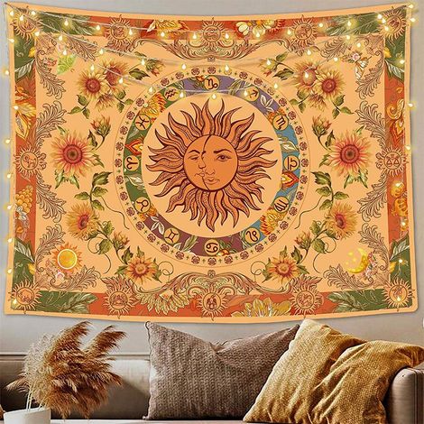 Tapiz amarillo Sol y Luna Vintage Independiente Tapiz Boho Colgante de Pared Girasol Mariposa Constelación Tapiz de Pared Estético Colgante de Pared para Dormitorio Dormitorio Sala de Estar 100 150 cm (1/5)
