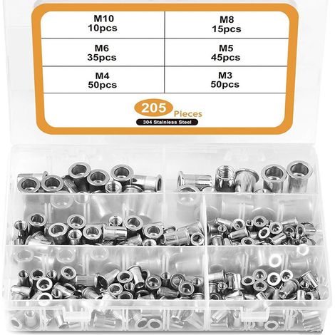 Kit d'écrous à sertir moletés en acier inoxydable 205 pièces, ensemble d'assortiment Rivnut (1/3)