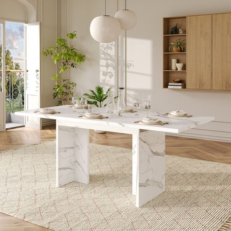 Table extensible de comedor MDF blanco mármol 140-180x80 cm para 6-8 personas (1/5)
