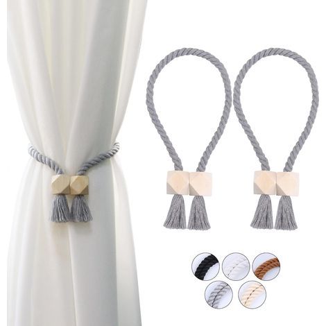 2 - Embrasse Rideau - Attache Rideau - Maintien Magnétique Robuste et Design Tissé Main en Coton avec Perles Bois pour Salon Chambre Gris 54cm (1/5)