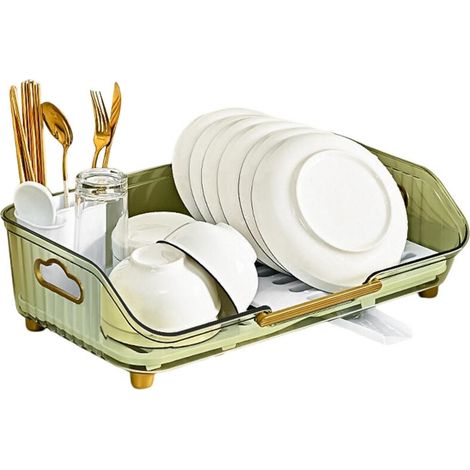 Égouttoir à vaisselle de cuisine avec égouttoir automatique, antirouille et porte-couverts amovible - Vert (1/4)