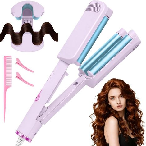 Fer à friser Beach Waves 32 mm, avec ions négatifs de 4000 W, 4 températures réglables (160 ℃-220 ℃), protection contre les brûlures, fer à friser à grandes vagues (violet)