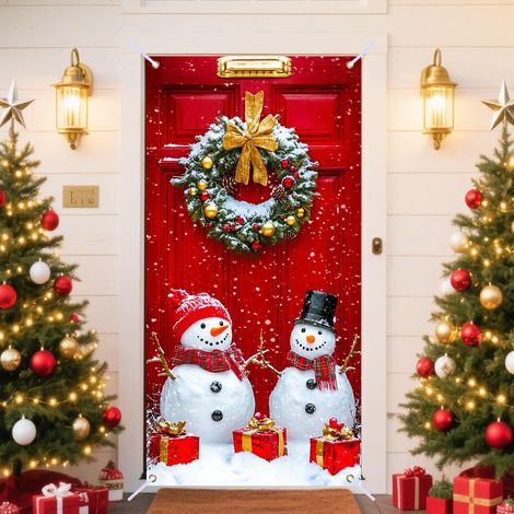 Décorations de Noël 2026 - Drapeaux, nœuds, décorations de Noël, rideaux de porte - 90 x 190 cm (taille élastique) - QL-33