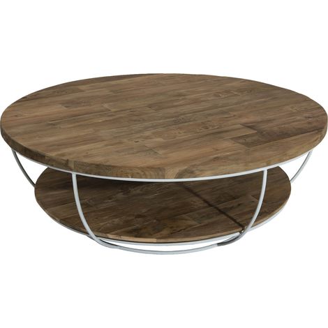 SIXTINE - Table basse plateau 100x100cm bois teck recyclé métal blanc (1/4)