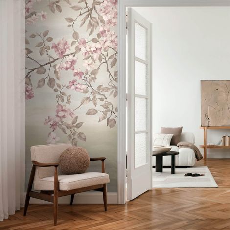 Fototapete Profhome 791448 heißgeprägte Vliestapete leicht strukturiert mit Blumen-Muster matt beige hell-braun rosa 1,59 m x 2,8 m