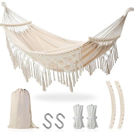 Fauteuil Suspendu Hamac Exterieur, Hamac Suspendu Chaise Hamac Bohème avec Sac de Rangement,Balançoire Suspendue Charge Max 440 lbs, Fauteuil Jardin Coton Toile Hamac Camping Patio (Beige) (1/5)