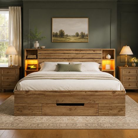CHICFURN Cama doble 180x200 cm con almacenaje, LED y USB-C, roble, sin colchón (1/5)