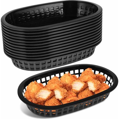 Lot De 12 Paniers De Restauration Rapide Noirs - Corbeille à Pain Ovale En Plastique RéUtilisable 23cm - Plateau Pour Burger Frites Hot Dog Sandwich Fruit Sweets - Accessoires Service Bbq (1/2)