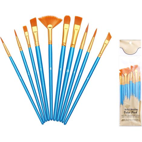 Pinceaux de peinture pour enfants, lot de 10 brosses aquarelle et huile, outils de dessin fins, bleu avec pinceau éventail (1/5)