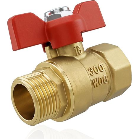Robinet à boisseau sphérique 1/2", vanne d'arrêt 1/2", robinet à boisseau sphérique en laiton avec poignée à ailettes rouge, pour toilettes d'eau complète avec tuyaux sanitaires de gaz (1/5)
