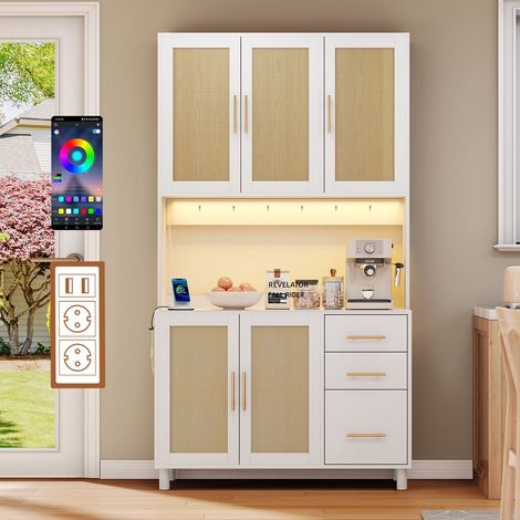 Buffet da cucina 183 cm con illuminazione LED, prese di corrente e USB, ripiani regolabili, 5 ante e 3 cassetti in colore bianco (1/5)
