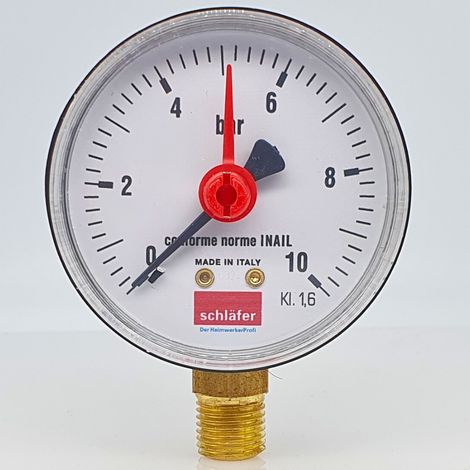 Schläfer 0930166 Manometro Idraulico Verticale con Attacco Radiale 1/4", Scala 0-10 Bar, Diametro 63mm, Ideale per Impianti Termici Aria e Acqua, Indicatore di Pressione