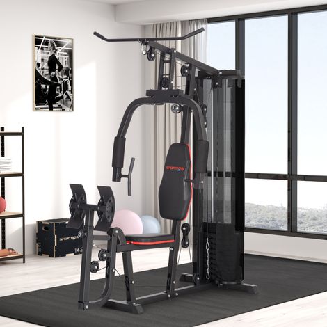 Stazione fitness domestica con blocchi di peso da 45 kg, carrucola a cavo, stazione per pettorali e pressa per gambe per un allenamento versatile.