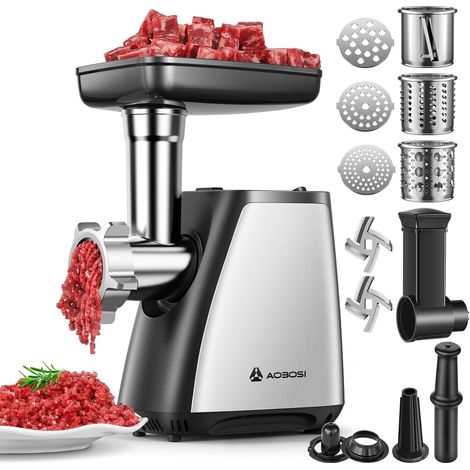 Hachoir À Viande,Hachoir À Viande Électrique 4-En-1[2800 W Max]Avec 3 Lames Pour Trancher, Déchiqueter,2 Lames,3 Plaques,Farceuse À Saucisses,Kit Kubbe,Pour Cuisine À Domicile,Acier Inoxydable (1/5)