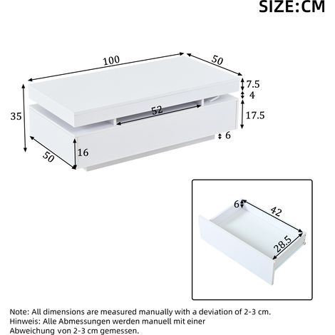Table basse 100x50x35 cm avec 2 tiroirs, table d'appoint LED brillante, guéridon, table de salon, table à café blanche (1/5)