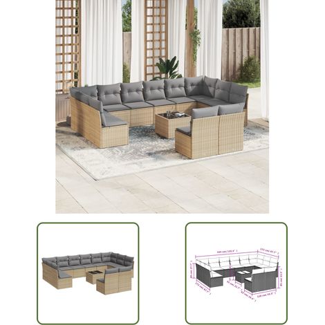 The Living Store 13-tlg. Garten-Sofagarnitur mit Kissen Beige Poly Rattan - Gartensortiment - Gartenmöbelset - Lounge Set - Rattan Möbel - Polyethylen Furniture