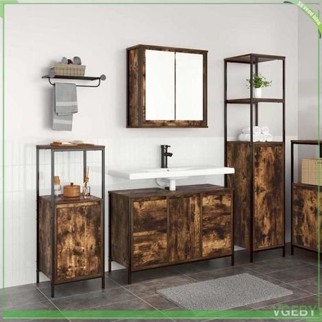 Ensemble de mobilier de salle de bain 3 pcs - FAF7291712445477 - Chêne fumé et noir - Bois d'ingénierie - Grand rangement (1/5)