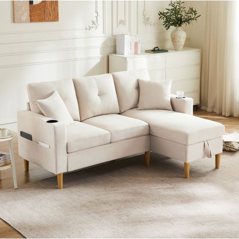L-förmiges Sofa 175 x 129 x 90 cm, beige Polyester mit Getränkehalter – MEUBLIV (1/5)