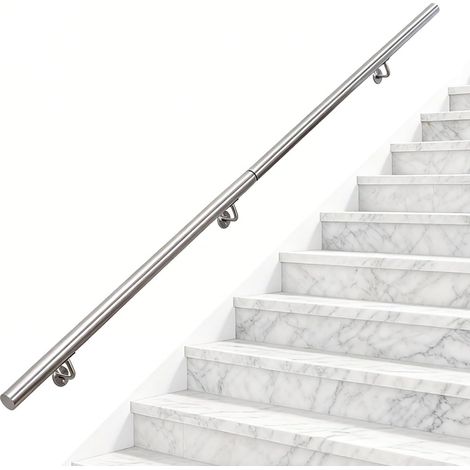 Rampe Escalier Main Courante d'escalier en Acier Inoxydable Argent Main Courante pour Escalier Exterieur Intérieur Support Mural, Length: 200 cm (1/5)