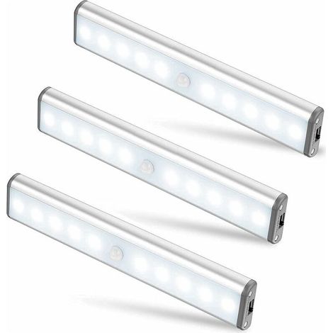 Lot de 3 Lampes 10 LED, Sans Fil, Rechargeable par USB, Aimanté, Détecteur de Mouvement, 2 Modes d’Éclairage, Portable. Lumière de Placard, Baladeuse de Secours, Veilleuse Enfant, Appoint … [Cl (1/5)