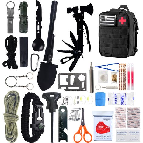 Kit de Secours d'Urgence, Outil Multifonction Tactique, Pochette Extérieure avec Équipement de Traumatologie pour Randonnée, Camping et Chasse, Noir (1/4)
