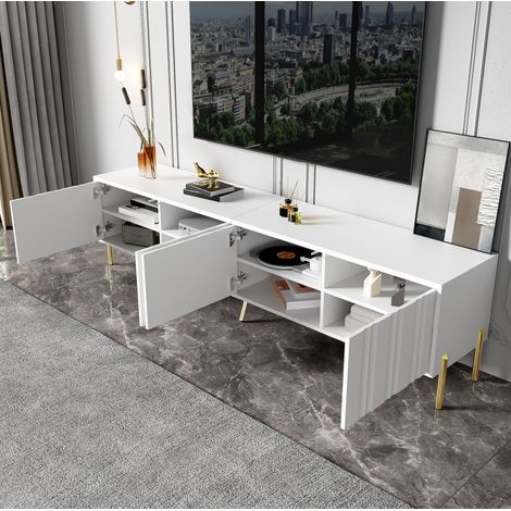 Meuble TV moderne 4 portes blanc – Design avec rainures verticales– Charnières amorties– 190x38x48 cm– Élégance sans poignées (1/5)