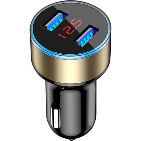 12-V-Kfz-Ladegerät mit zwei 3,1-A-USB-Anschlüssen, LCD-Display und Zigarettenanzünderstecker. Kompatibel mit Autotelefonen.