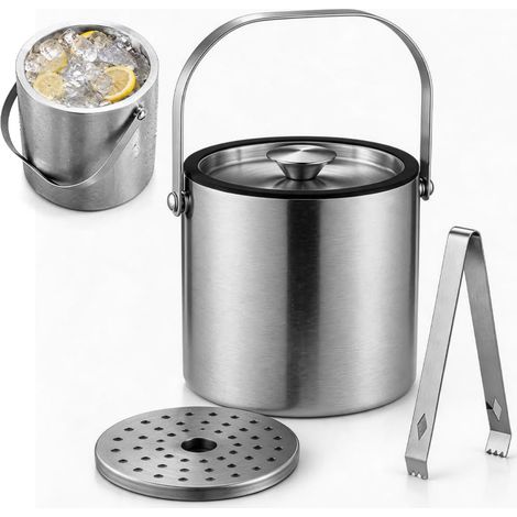 Bac à glaçons de 2 l avec couvercle et pince, seau à glaçons en acier inoxydable sans BPA, double paroi isotherme pour bar, maison, fête, pour refroidir la bière, le vin (1/5)