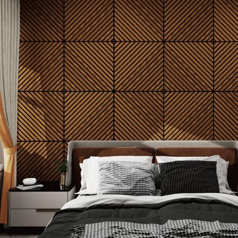 Set Vang di 4 Pannelli Murali 3D Fonoassorbenti 60x60 cm a Listelli Diagonali Copertura 1,44 m² - Effetto Legno Teak NEU.HOLZ