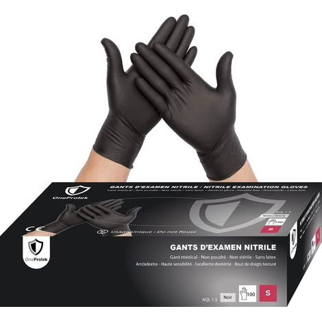 Gants jetables noir en nitrile - Boîte de 100 Gants Nitrile - Taille S (Petite) - Sans latex - Résistants et Multi-usages - Protection contre les produits chimiques (1/5)