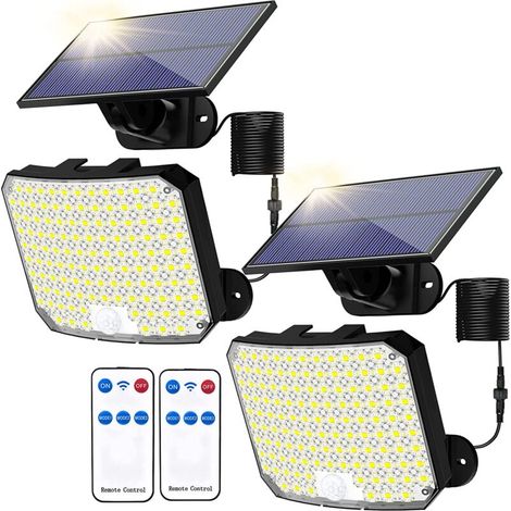 Lampes Solaires Exterieures 118 LED Detecteur de Mouvement avec Telecommande 2 Possibilites d'Installation avec Cable Amovible de 5 m IPX5 Applique Solaire pour Jardin et Terrasse Lot de 2 (1/5)
