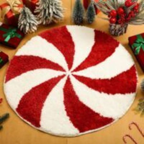 RHG Tapis de bain Noël 80 cm - Tapis de bain rond lavable, tapis de bain bonbon blanc et rouge, tapis de bain hiver antidérapant, tapis absorbant avec dos paillasson pour baignoire salon (1/5)