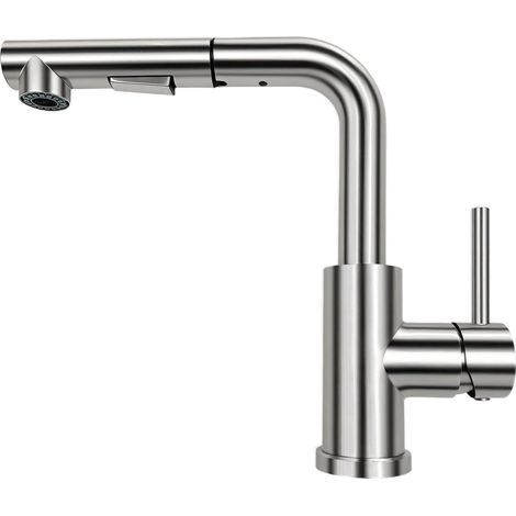 Mitigeur évier cuisine extractible en acier inoxydable, douchette 2 jets, bec rotatif 360°, design L