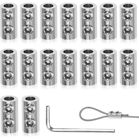 Lot de 16 serre-câbles pour câbles de 1,5 à 2 mm - Double trou - Serre-câbles avec clé à molette - En acier - Pince pour câble en acier, corde à linge, auvent (1/5)