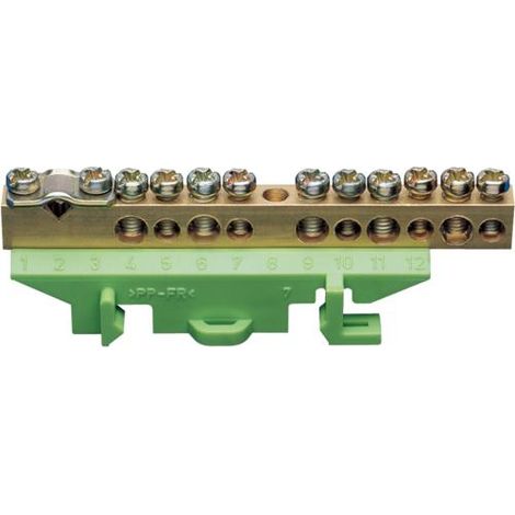 Borne en laiton 1x25² 5x10² 5x16² avec base de montage. Couleur: vert HAGER KM11B