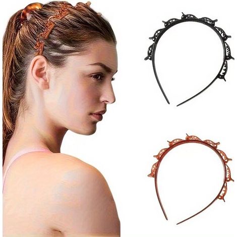 Paquete de 2 diademas con pinzas para el cabello, diadema elegante con cierre de dientes para mujeres y niñas (negro, marrón) (1/3)
