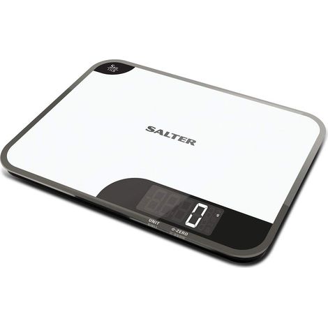 Salter 1064 WHDR - Bilancia da cucina elettronica, 5 kg, display retroilluminato di facile lettura, Aggiungi e pesa, liquidi/fluidi, ampio piattaforma, a specchio, misure metriche/imperiali, bianco