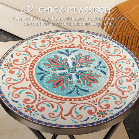 Table de jardin ronde pliable en métal et céramique, motif mosaïque multicolore, table de terrasse design (1/4)