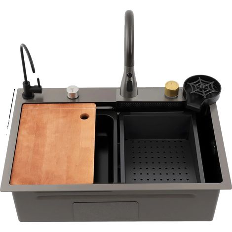 Évier de cuisine, en acier inoxydable, avec robinet intégré et panier de drainage, Argent (1/2)