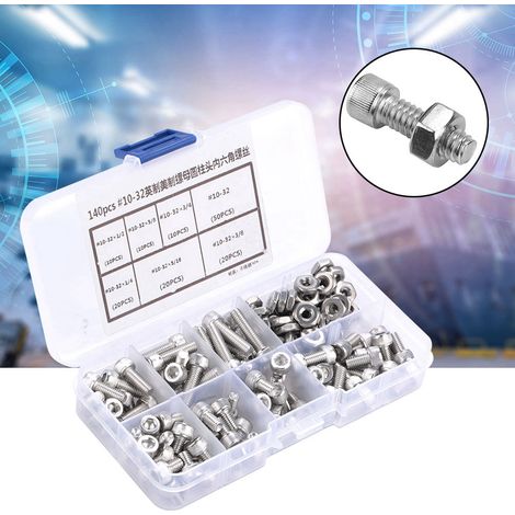 Kit d'assortiment de 140 vis à tête hexagonale creuse en acier inoxydable n° 10-32 (1/5)
