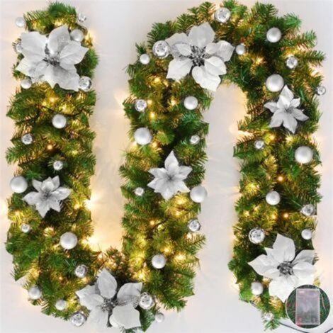 Guirlande de Noël LED 2.7 m, Couronne Artificielle en Rotin à Suspendre pour Porte d'Entrée, Cheminée, Escaliers, Décoration (Argent) (1/5)